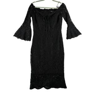 Jax Black Label Midi Dress Women 10 Gothic Black Lace Flare Off Shoulder Corset